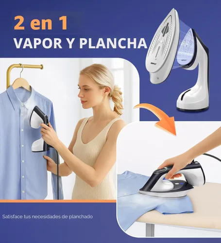 Vista 2 de Vaporizador para ropa, vaporizador y plancha 2 en 1 de 1600 W con placa de cerámica grande, potente vapor turbo, control inteligente de temperatura