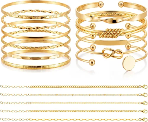 Vista 8 de Hicarer Juego de 16 pulseras en capas de oro/plata para mujer, pulseras de cadena de mano, ajustable, colgante de pulsera para mujer