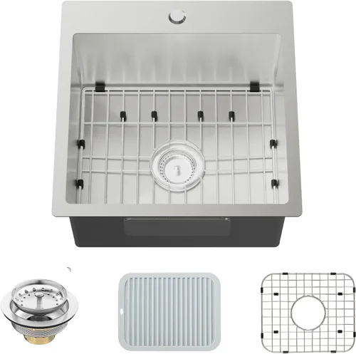 Vista 10 de Fregadero de cocina negro de acero inoxidable de 18 x 18 pulgadas, montaje superior, fregadero de cocina y bar, juego de fregadero de un solo tazón