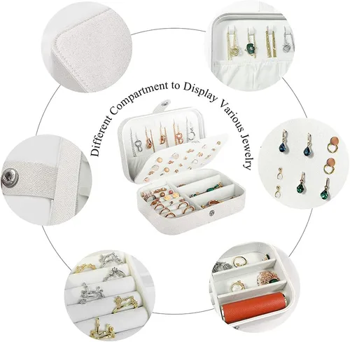Vista 3 de Joyero para viaje, pequeño organizador de piel sintética para mujeres y niñas, estuche miniatura de viaje de doble capa, portátil, de exhibición