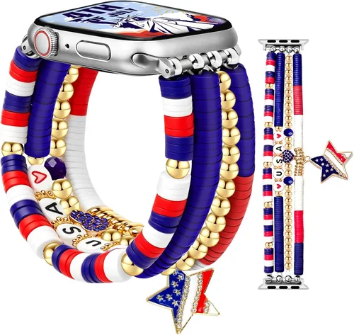 Vista 15 de JR.DM - Pulsera de cuentas compatible con Apple Watch de 40 mm, 38 mm, 41 mm, 42 mm; correa elástica hecha a mano para iWatch Series
