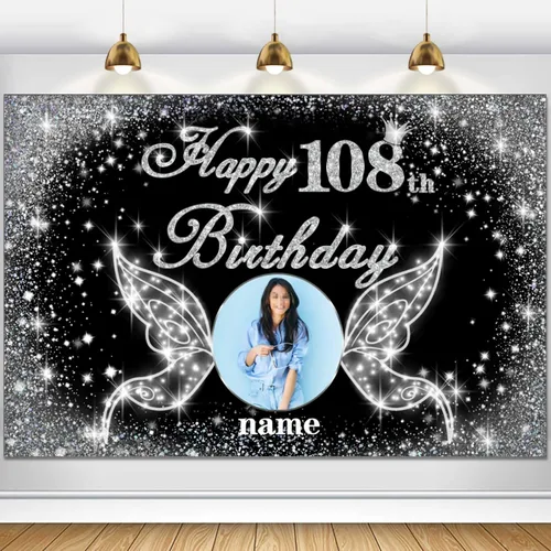Vista 125 de Cartel personalizado de decoración de fiesta de cumpleaños número 100 - tema de alas de ángel - negro y plateado HY-NLK-100º