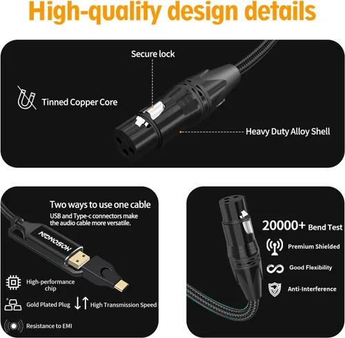 Vista 3 de HOSONGIN Cable XLR a USB C de 3.3 pies, Cable de grabación profesional 2-en-1 XLR hembra a (USB tipo A + C) para micrófonos a teléfono/tableta/PC