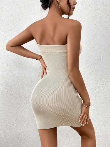 Vista 2 de SHENHE Vestido de suéter ajustado sin tirantes de punto acanalado para mujer, vestido de tubo sexy para fiesta