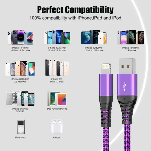 Vista 4 de Quickeep Paquete de 2 cargadores para iPhone de 3 pies, USB A a Lightning, cable trenzado de carga rápida para iPhone 14 13 12 11 Pro Xr Xs Max 10 8