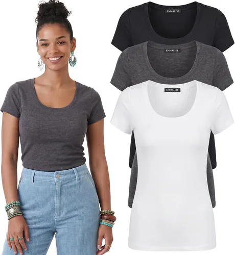 Vista 51 de Emmalise - Camiseta de manga corta para mujer, cuello redondo, estilo básico, pack de valor, tallas junior y grandes
