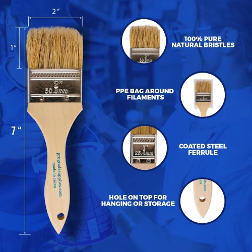 Vista 6 de Pro Grade Brochas de viruta de 2 pulgadas, pinceles de pintura desechables, para pintura, paquete de 24 Cerda natural, mango de madera Paquete