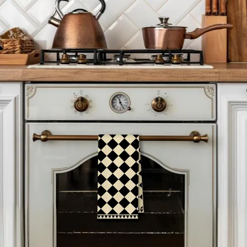 Vista 3 de Toallas de Cocina a Cuadros Neutros Bohemios, Toallas de Cocina y Té a Cuadros Beige y Negro para Decoración de Cocina, Toallas de Mano Retro