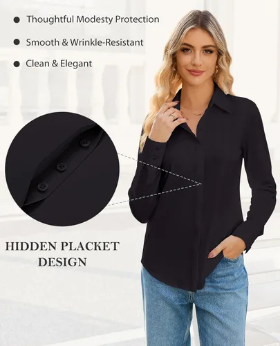 Vista 4 de siliteelon Womens Button Down Shirt Stretch Dress Shirt Collared Long Sleeve Hidden-Button Work Shirt Wrinkle-Free Blouse