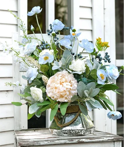 Vista 8 de FiveSeasonStuff Ramo de flores artificiales de amapolas de seda para recuerdo, hogar, boda, 22 pulgadas, 6 tallos (azul hielo antártico)