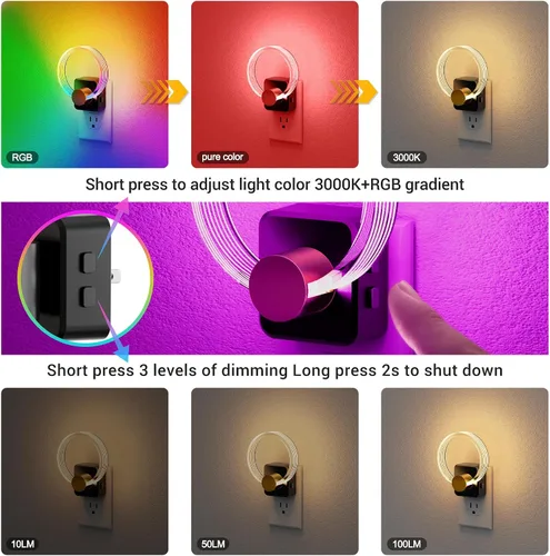 Vista 4 de JandCase Luz Nocturna, Luces Nocturnas Cambiantes de Color Enchufables en la Pared, Luz Nocturna RGB con Sensor de Luz, Luz Nocturna Enchufable