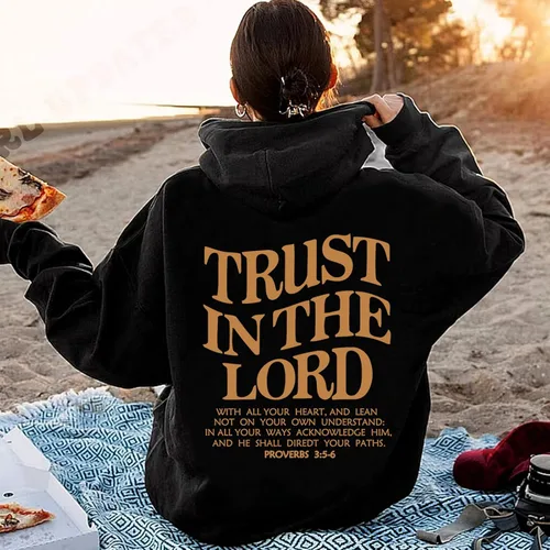 Vista 2 de Sudadera con capucha con versículo bíblico cristiano Trust in the Lord Jesus Saves Faith
