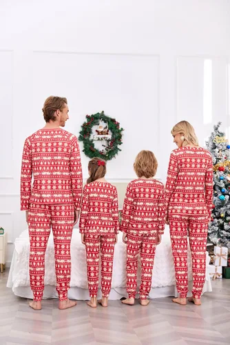 Vista 5 de Ekouaer Conjunto de pijamas familiares de Navidad a juego de manga larga para parejas, pijamas navideñas para mujeres, hombres, niños y niñas