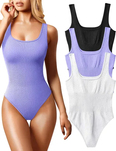Vista 17 de OQQ Body de 3 piezas para mujer, sexy, acanalado, sin mangas, cuello cuadrado, camiseta sin mangas, leotardo, trajes de moda 2025 negro azul blanco