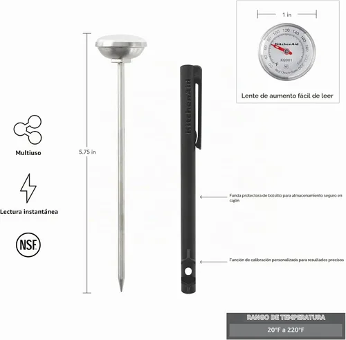 Vista 3 de KitchenAid KQ901 Termómetro de comida de lectura instantánea para cocina o parrilla, rango de temperatura: 20F a 220F, dial de 1 pulgada, negro