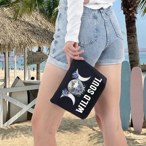 Vista 7 de LEVLO Bolsa de maquillaje cosmética de fase lunar, regalo de bruja luna, bolsa de maquillaje con cremallera para mujeres y niñas, Alma salvaje
