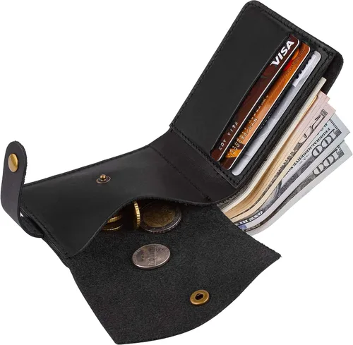 Vista 2 de GE MARK Billetera plegable de cuero para hombre, ranuras para tarjetas, bolsillo para monedas, Negro -, Clásico
