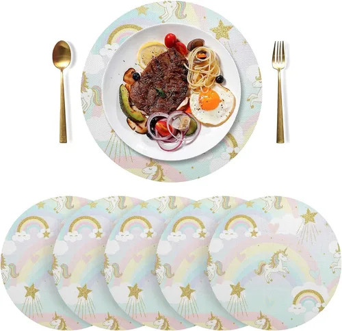 Vista 3 de Glittery Gold Unicorns Dining Room Table Placemats, Non Slip Placemats Set Washable for Kitchen Table one sizex1