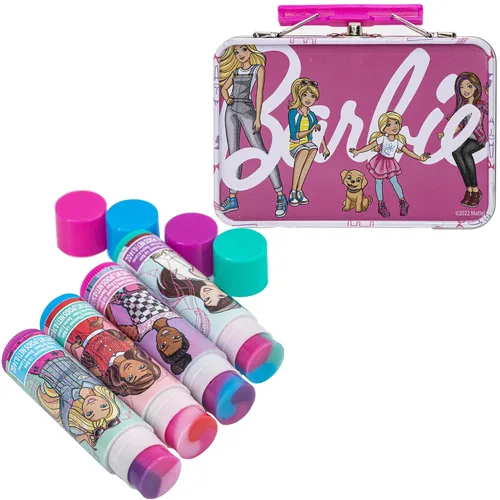 Vista 5 de Barbie – Townley Girl - Bálsamo labial a base de plantas de 4 paquetes con estuche de hojalata, juego de cosméticos de maquillaje para niños