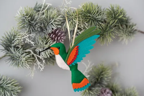Vista 9 de Adorno de colibrí Adornos de Navidad hechos a mano de fieltro para árbol Rojo, verde, naranja, colibrí, decoración de árbol de Navidad, adorno