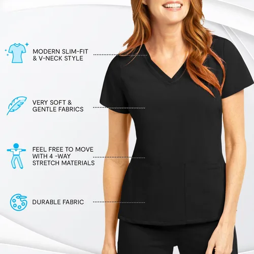 Vista 4 de Olive & Co. Camisas médicas para mujer - Black Modern Slim Fit & V-cuello estilo top