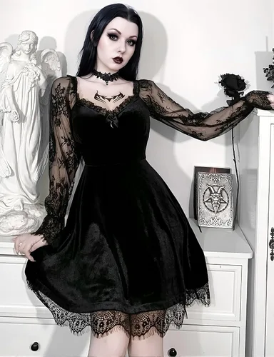 Vista 2 de LANSHULAN Vestido de manga larga de encaje negro drapeado bodycon gótico vintage vestidos ropa