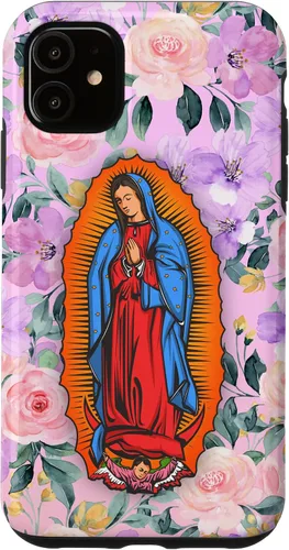 Vista 5 de Funda para iPhone 14 Virgen de Guadalupe versión flores rosas