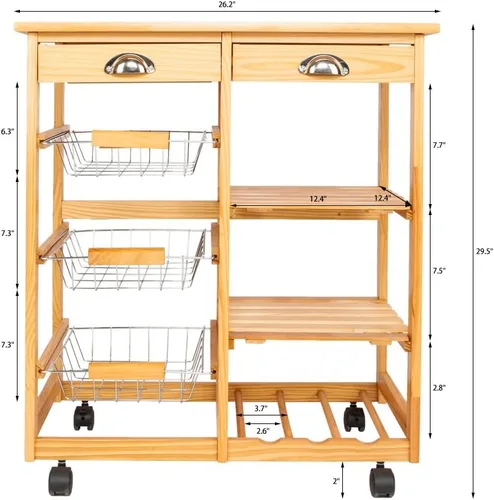 Vista 3 de Carrito de cocina de madera rodante de 3 niveles, carrito utilitario de almacenamiento sobre ruedas con cajones Shleves y estante para vino