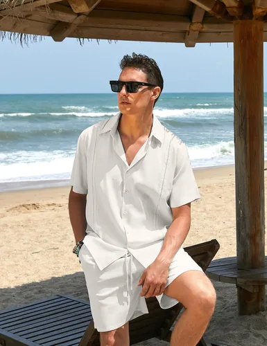 Vista 2 de COOFANDY Conjunto de 2 piezas de lino para hombre camisa con botones y pantalones cortos
