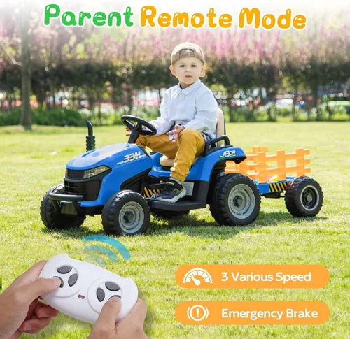 Vista 5 de ANPABO Tractor de paseo de 24 V con remolque inclinable y desmontable, neumáticos EVA, hasta 4.3 Mph, juguetes para montar con control remoto Azul
