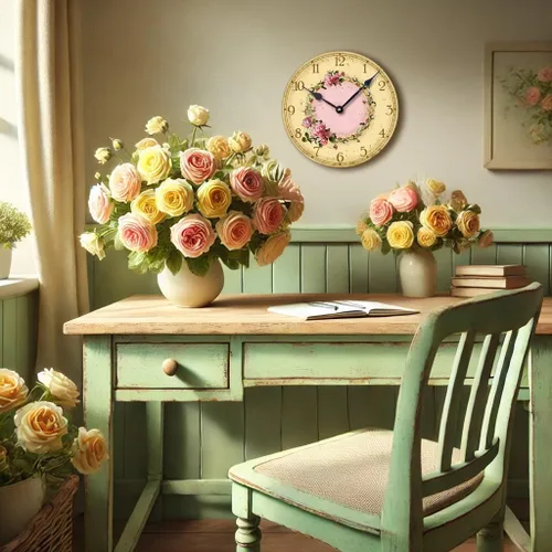 Vista 2 de Artículo C6032 Reloj estilo vintage Shabby Chic rosas rosas (10.5 pulgadas de diámetro)