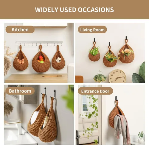 Vista 6 de Cestas de frutas bohemias para colgar en la pared para cocina, paquete de 3 soportes tejidos con 6 ganchos fuertes, cesta colgante de verduras
