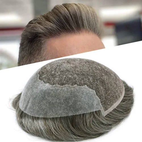 Vista 13 de Toupee para hombres, sistema de reemplazo de cabello humano Remy, nudos blanqueados, encaje frontal, piel fina, para hombre, color gris, pelucas
