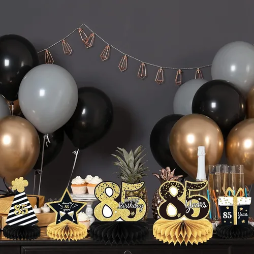 Vista 5 de 9 piezas de decoración de cumpleaños n.° 85, centros de mesa de cumpleaños 75 para decoración de mesas, decoraciones de nido de abeja a 85 años