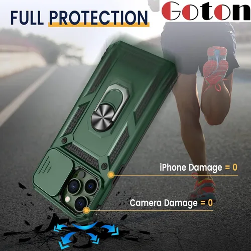 Vista 4 de Goton Armor - Funda para iPhone 13 Pro Max con soporte para cámara deslizante y soporte de grado militar resistente con soporte magnético