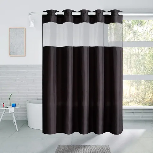 Vista 7 de Furlinic Cortina de ducha pequeña de 36 x 72 pulgadas, no necesita ganchos, cortinas de baño de tela de tamaño medio con ventana transparente, Gris
