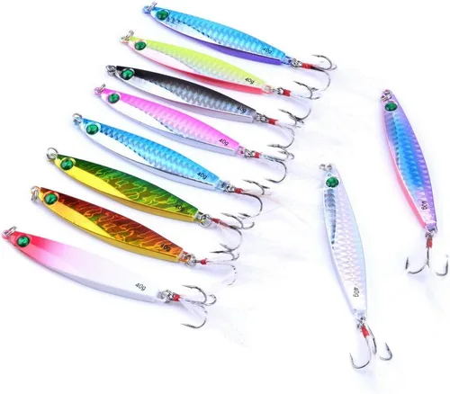 Vista 6 de Aorace 10 piezas de metal duro jigs buceo pesca mar señuelos minnow Popper cebos aparejos Crankbait agua salada señuelos de agua dulce con pluma