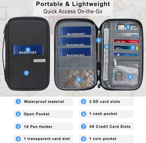 Vista 2 de Unaone Billetera para pasaporte de viaje, Negro -, Soporte para pasaporte