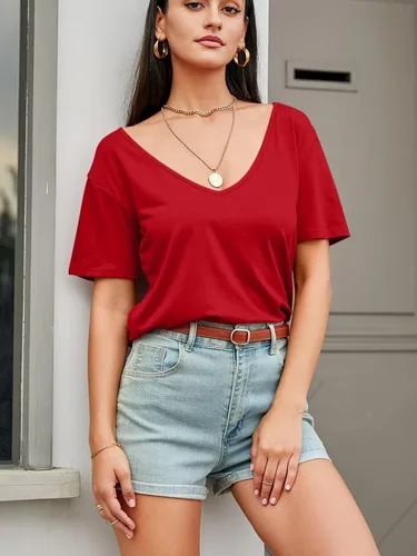 Vista 2 de Camisetas de manga corta con cuello en V profundo para mujer, ajuste holgado, básica, a la moda