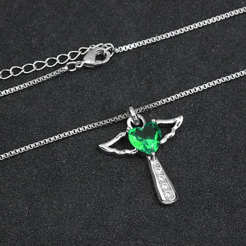Vista 6 de Collar con dije de corazón y piedra natal de ángel, para mujer, circonita cúbica, ala de ángel, dije de corazón, regalo para San Valentín, cumpleaños