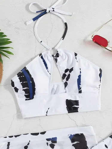 Vista 5 de MakeMeChic Traje de baño de 3 piezas para mujer con corte halter y falda