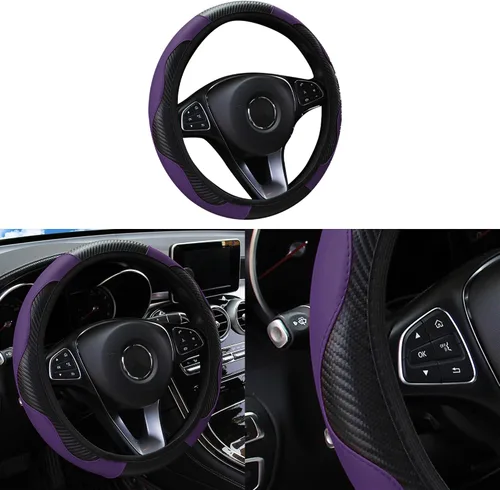 Vista 16 de Funda de volante de coche, 38 cm, de fibra de carbono, de microfibra, de PU, de cuero elástico, protector de volante antideslizante y transpirable