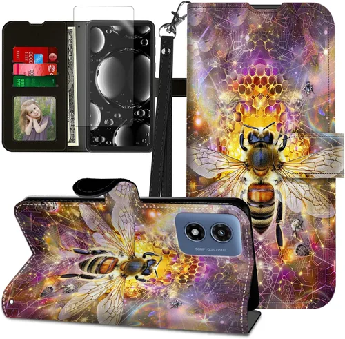 Vista 195 de Funda para Motorola Edge 2022 con protector de pantalla, soporte y tarjetero y correa para la muñeca, funda magnética para Moto Edge 2022 5G UW Lobo