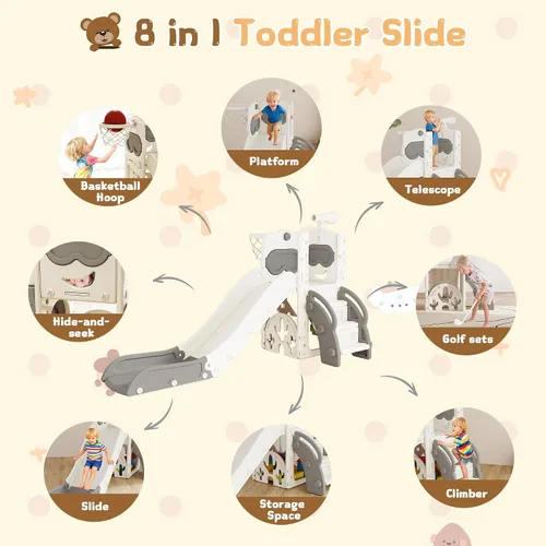 Vista 3 de Tobogán 8 en 1, tobogán interior para niños pequeños de 1 a 3 años y juego para interiores y exteriores, con almacenamiento, escalador, telescopio