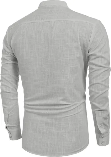 Vista 8 de COOFANDY - Camisa de lino y algodón con cuello Henley, de manga larga, estilo hippie, informal, camisetas de playa