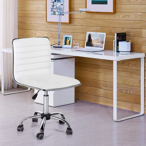 Vista 8 de Yaheetech White Armless Vanity Desk Chair with Wheels, Ribbed PU Leather Blanco