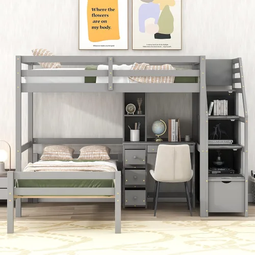 Vista 26 de VilroCaz Modern Elegance - Cama tipo loft de tamaño matrimonial con cajones de almacenamiento y escritorio, marco de cama de madera maciza