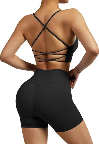 Vista 6 de RXRXCOCO Conjuntos de entrenamiento para mujer, 2 piezas, conjuntos de yoga acanalados, sin costuras, cintura alta, pantalones cortos con brasier