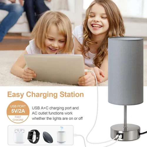 Vista 5 de Yarra-Decor Lámpara de noche mejorada con puertos de carga USB A+C y salida de CA, lámpara de mesa de control táctil para dormitorio, lámpara de Gris