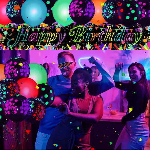 Vista 3 de Decoraciones de cumpleaños de neón – Cartel de fiesta brillante para patio y 20 globos que brillan en la oscuridad